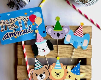Party Animal Cupcake Toppers & Sign | Jungle Safari Birthday Decorations | Animal Party with Birthday Hats