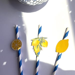Amalfi Coast Party Straws – Lemon Theme – Blue & White Striped Paper Straws with Lemon Decorations – Lemon Party Decor