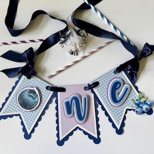 Berry First Birthday Banner – Blueberry “One” High Chair Banner – Blue & Gingham First Birthday Decor – Blueberry Party Decorations