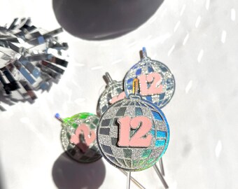 Disco Ball Birthday Cupcake Toppers – Set of 6 | Pink Bow & Silver Glitter Party Decor