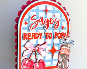 She’s Ready to Pop Cake Topper, Cherry Baby Shower Cake Topper, Retro Soda Theme Decor, Personalized Baby Shower Topper