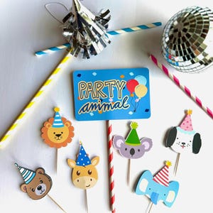 Party Animal Cupcake Toppers & Sign | Jungle Safari Birthday Decorations | Animal Party with Birthday Hats