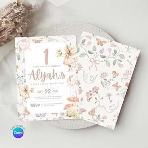 Fairy First Birthday Invitation Template | Editable Canva Invitation Party Invite | 5x7 Front & Back Design Instant Download