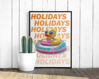 Urlaub Ente Poster - Lustige Sommer Gummiente Wandkunst - Tropische Pool Float druckbare Dekoration - digitaler Download für Strand Vibes