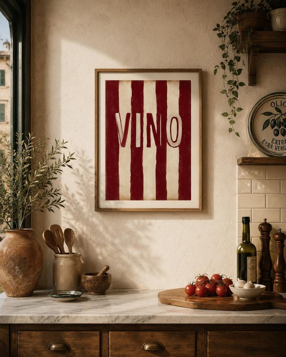 Italian Vino Wall Art Print, Burgundy Stripe Kitchen Poster, Mediterranean Wine Bar Decor, Vintage Typography Digital Download