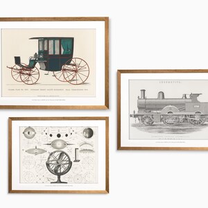 May include: Three framed vintage prints. The top print depicts a horse-drawn carriage with text. The middle print shows a locomotive. The bottom print features a scientific diagram with a central wheel design.