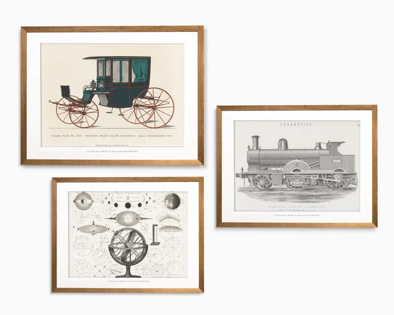 May include: Three framed vintage prints. The top print depicts a horse-drawn carriage with text. The middle print shows a locomotive. The bottom print features a scientific diagram with a central wheel design.