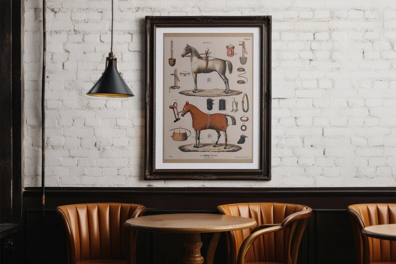 May include: Framed vintage print featuring two horses and equestrian equipment illustrations. The artwork is in a dark wooden frame, hanging on a white brick wall. The print has a tan background with detailed drawings of horses and tack.