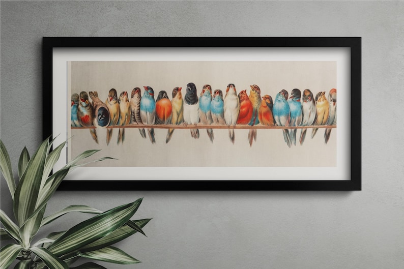 May include: A framed print featuring a watercolor illustration of a flock of colorful birds perched on a branch. The birds display a variety of colors, including blue, orange, and yellow. The artwork is set against a neutral background.