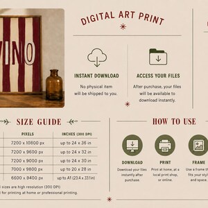 Op de afbeelding: Digitale kunstdruk met een ingelijst kunstwerk met het woord "VINO" in wit tegen een rood en beige gestreepte achtergrond. De afbeelding bevat een maattabel en gebruiksaanwijzingen. Een bruine fles en een vaas met groen zijn ook zichtbaar.