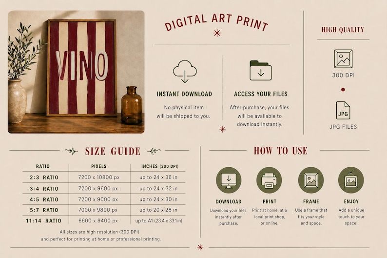 Op de afbeelding: Digitale kunstdruk met een ingelijst kunstwerk met het woord "VINO" in wit tegen een rood en beige gestreepte achtergrond. De afbeelding bevat een maattabel en gebruiksaanwijzingen. Een bruine fles en een vaas met groen zijn ook zichtbaar.