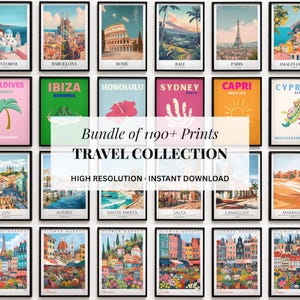 May include: A collection of framed travel prints featuring various destinations like Santorini, Barcelona, and Paris. The prints showcase colorful illustrations and text, including "Travel Collection" and "High Resolution - Instant Download."