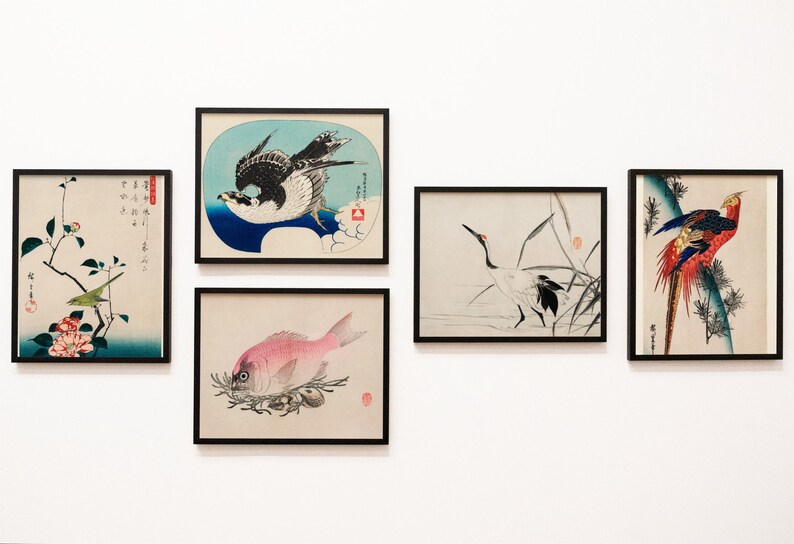May include: A collection of five framed Japanese-style prints. The prints feature birds, fish, and floral elements in a traditional Ukiyo-e style. The color palette includes shades of red, blue, green, and white, with black frames.