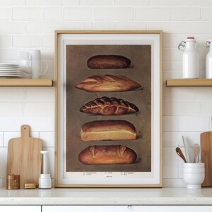 May include: A framed print featuring illustrations of various types of bread. The bread varieties are displayed in a vertical arrangement, showcasing their different shapes and crusts. The artwork is set against a neutral background, with a wooden frame.