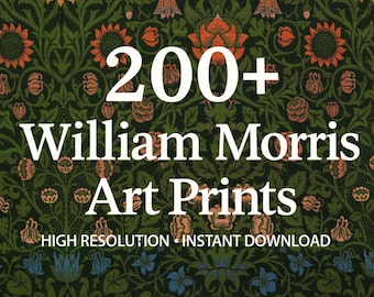 May include: A digital collection of 200+ William Morris art prints featuring a dark green background with repeating floral and botanical patterns in shades of orange, red, and blue. The text reads 200+ William Morris Art Prints, HIGH RESOLUTION, INSTANT DOWNLOAD.