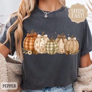 Faux Patchwork Pumpkin Fall Comfort Colors Shirt Gingham Pumpkin Shirt, Cottagecore Autumn Graphic Tee for Women, Thanksgiving Gift for Her