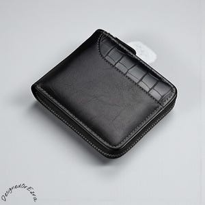 Vegan Leather Zipper Wallet with Crocodile Texture, Minimalist Bifold Coin Card Holder, Slim Leather Black