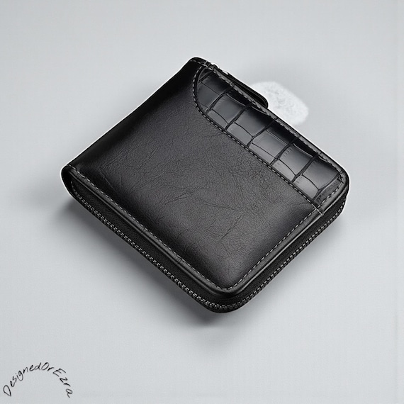 Vegan Leather Zipper Wallet with Crocodile Texture, Minimalist Bifold Coin Card Holder, Slim Leather