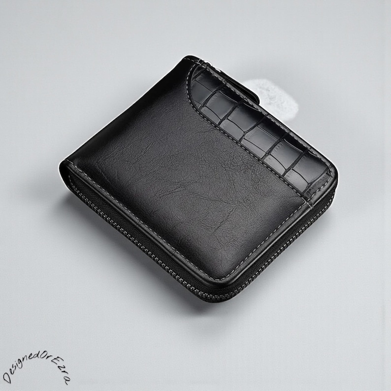Vegan Leather Zipper Wallet with Crocodile Texture, Minimalist Bifold Coin Card Holder, Slim Leather Black