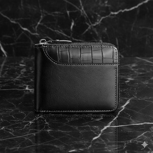 Vegan Leather Zipper Wallet with Crocodile Texture, Minimalist Bifold Coin Card Holder, Slim Leather image 9