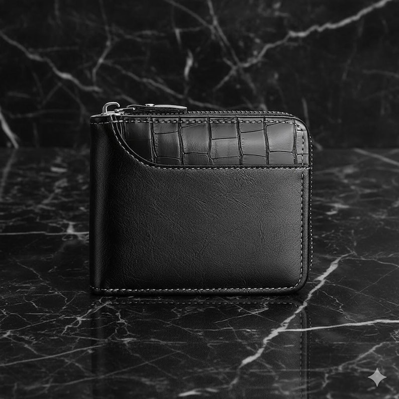 Vegan Leather Zipper Wallet with Crocodile Texture, Minimalist Bifold Coin Card Holder, Slim Leather image 9