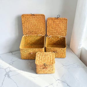 May include: Three square woven storage baskets made of natural light brown material. Two larger baskets are positioned in the back with their lids open, while one smaller basket is placed in the front with its lid closed and secured.