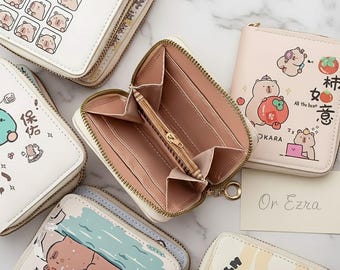 Capybara Wallet, Kawaii Zipper Coin Purse, Cute Animal Bifold, Vegan Leather Small Wallet, Card Holder Gift for Her