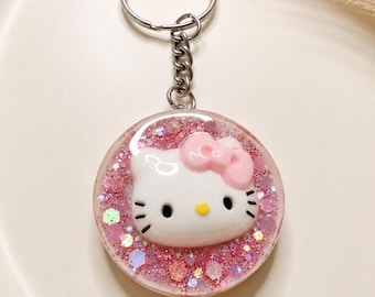 Personalized Hello K Keychain, Backpack Name Tag, Cute Kitty Keychain, Pink Glitter Resin Charm, Cartoon Cat Keychain, Backpack Tag Gift