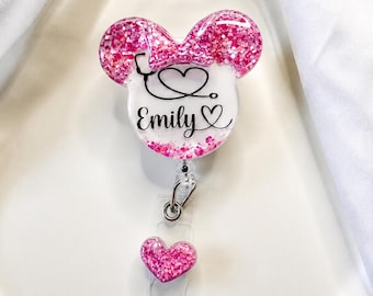 Identyfikator Myszki Minnie, personalizowany identyfikator z żywicy brokatowej, personalizowany brelok do identyfikatora pielęgniarki, identyfikator z żywicy brokatowej,