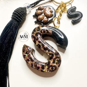Personalized Leopard Resin Initial Keychain, Custom Letter Charm, Tassel Accessory