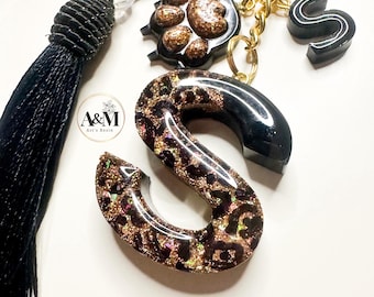 Personalized Leopard Resin Initial Keychain, Custom Letter Charm, Tassel Accessory