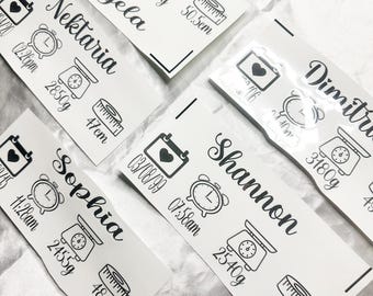 Spersonalizowana naklejka z wymiarami dziecka, naklejka pamiątkowa do pokoju dziecięcego, naklejka z ogłoszeniem o narodzinach dziecka, spersonalizowana naklejka z imieniem i szczegółami urodzenia,