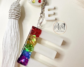 Rainbow Glitter Resin Initial Keychain: Pride LGBTQ+ Tassel Charm