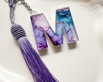Purple Blue Marble Initial Keychain, Marble Ink Keychain, Personalized Bag Charm, Alcohol Ink Monogram Gift for Her, Resin Letter Keyring