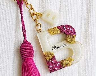 Personalised Geode Resin Keychain, Gold Leaf & Glitter Initial letter keychain, Custom Name Keyring, Elegant Gift, Mother’s Day gift