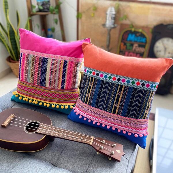 2 Boho Throw Pillows - Pink Blue Aztec Bohemian Cushion Cover - Colorful Home Decor