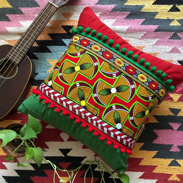 African Throw Pillow Cover - Red Green Afro Accent Boho Sham - Unique Colourful Hippie Home Decor