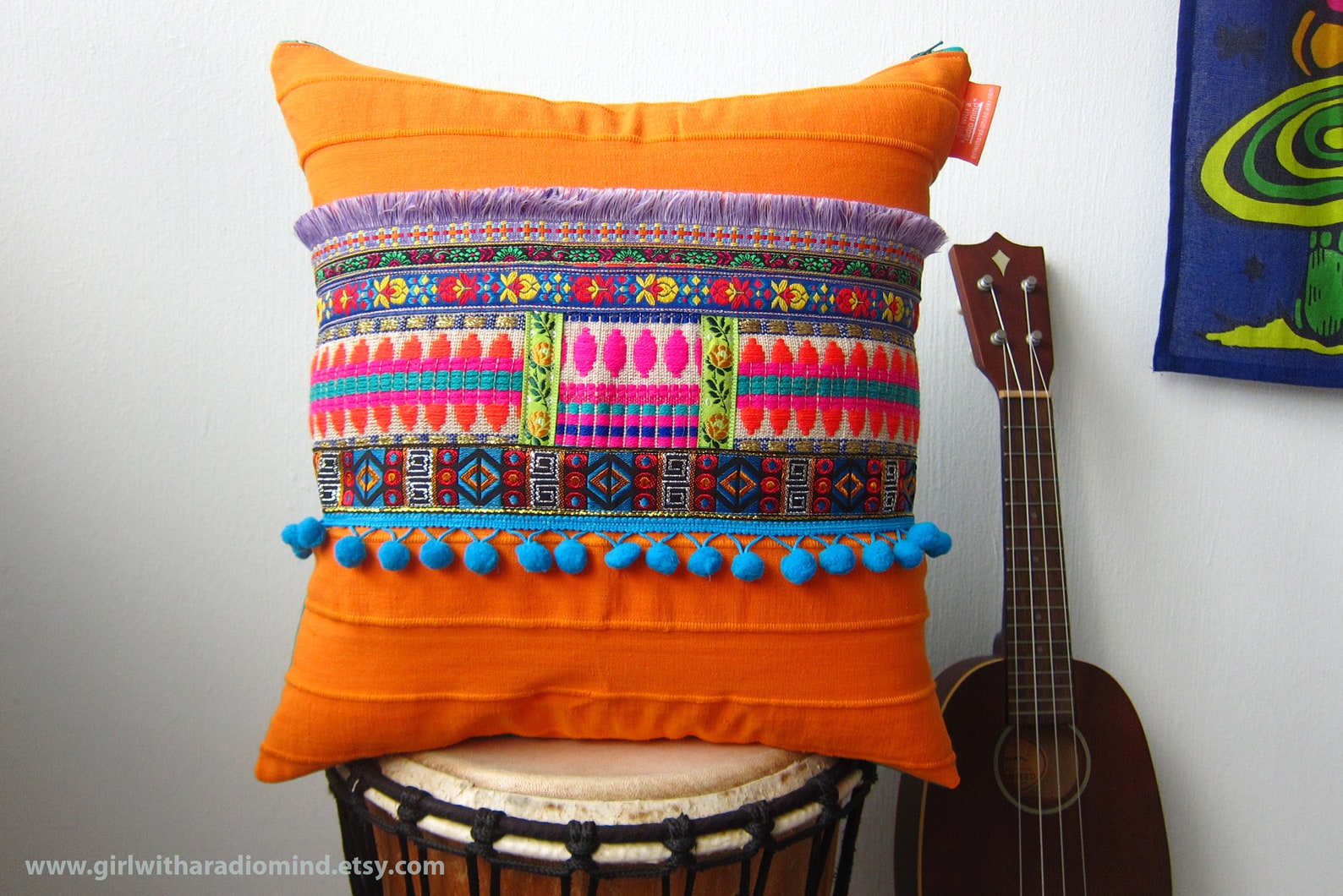Orange Mexican Throw Pillow Boho Boho Bohemian Colorful Etsy