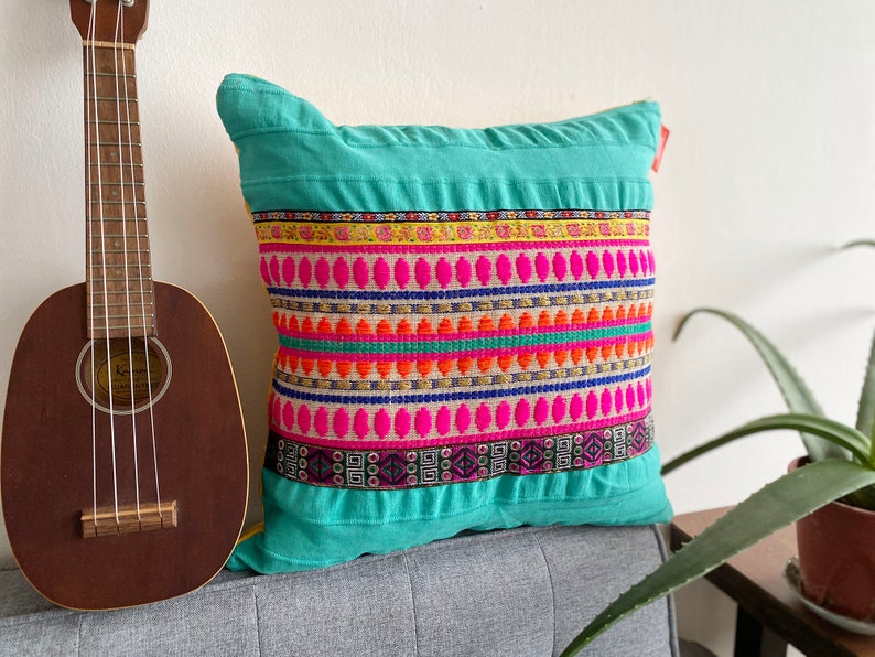 Boho Throw Pillow Turquoise Bohemian Colorful Gypsy Cushion Etsy