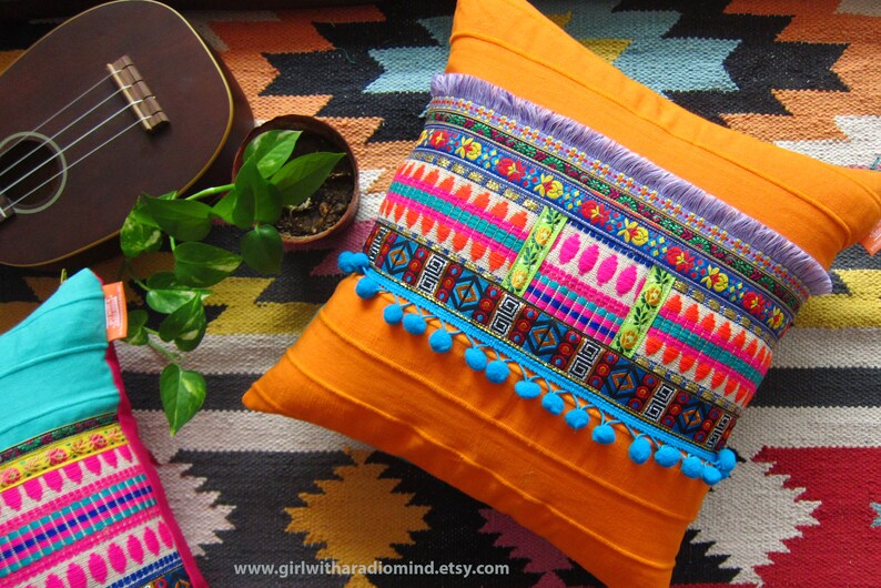 Orange Mexican Throw Pillow Boho Boho Bohemian Colorful Etsy