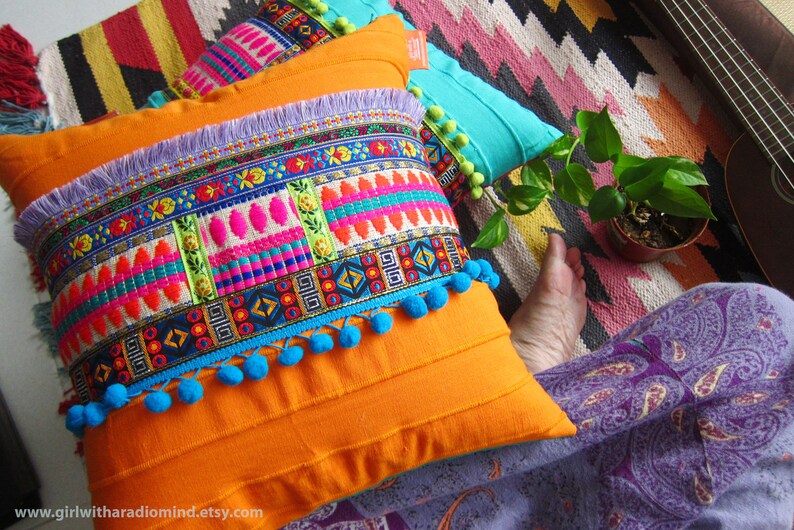Orange Mexican Throw Pillow Boho Boho Bohemian Colorful Etsy
