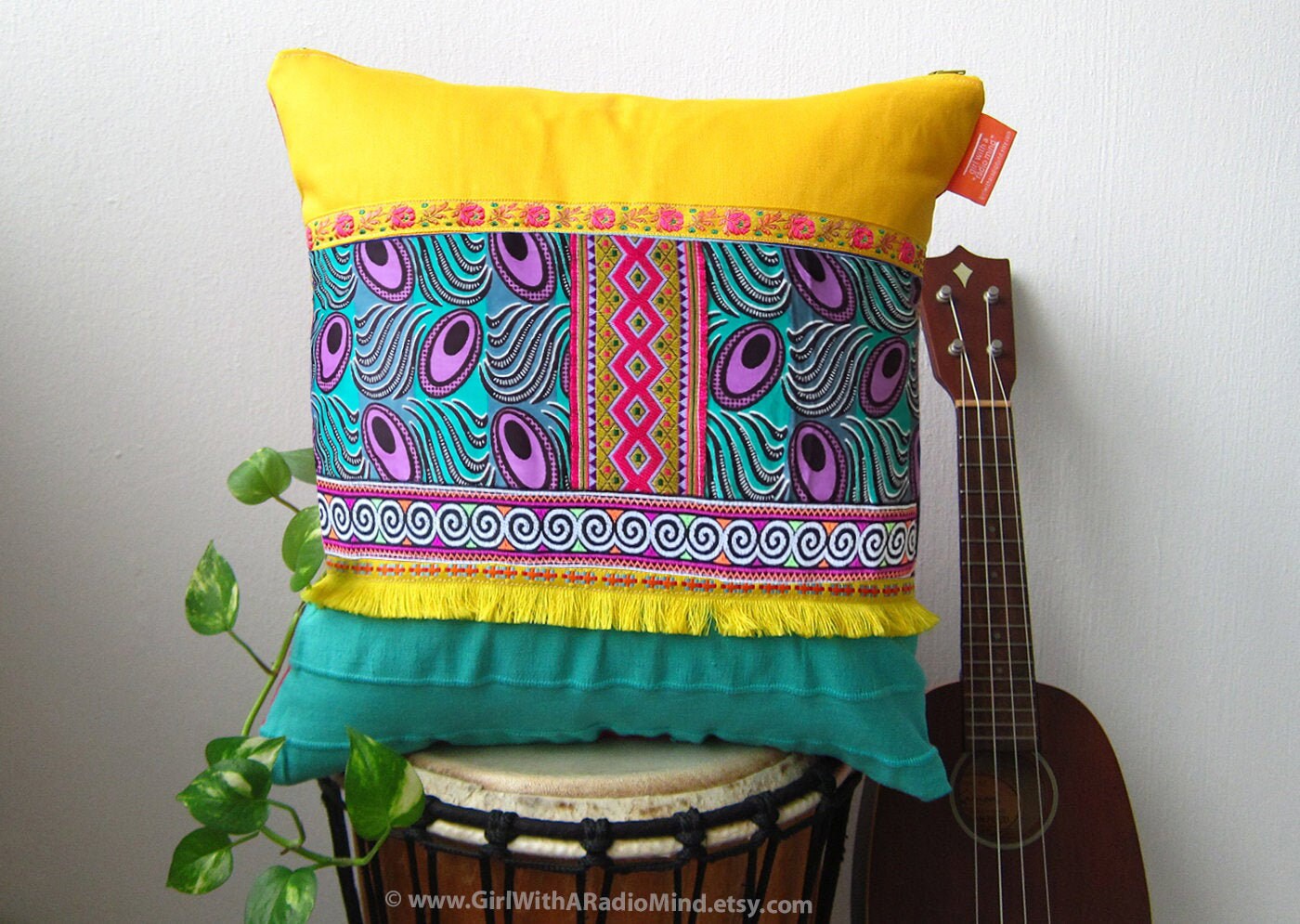 Decorative Throw Pillows Yellow Blue Boho Mexican Colourful Etsy