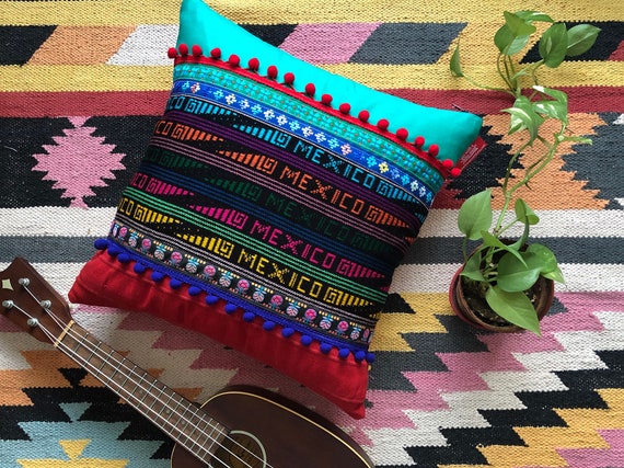 Mexican Pillow Unique Boho Turquoise Red Black Colourful Etsy