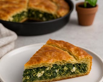 La mejor receta de spanakopita griega / Pastel tradicional de espinacas y feta / Receta imprimible para almuerzo y brunch mediterráneo / Descarga instantánea en PDF