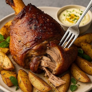 May include: A roasted lamb shank with crispy skin and pulled meat, served with roasted potato wedges and a side of creamy sauce.