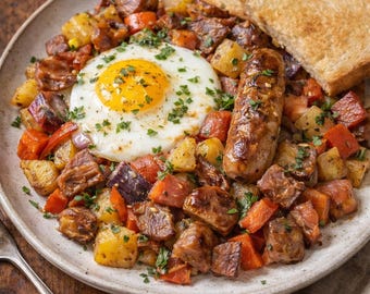 Hash de salchicha al horno para el desayuno • Receta de brunch abundante • PDF imprimible • Salchicha, huevos y papas