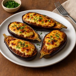 May include: Four halves of baked eggplant stuffed with a savory filling and topped with melted cheese, garnished with chopped herbs, served on a white plate. A small bowl of chopped herbs sits nearby. A fork rests on a beige napkin.
