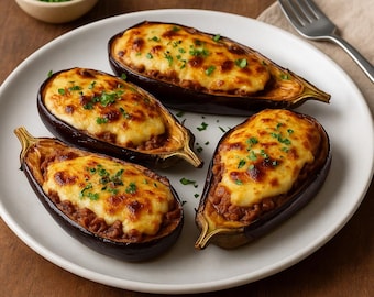 La mejor Papoutsakia griega: berenjenas rellenas con carne molida y bechamel - Berenjenas al horno con carne molida y salsa de crema - Descarga instantánea
