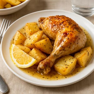 May include: A plate of roasted chicken leg quarter with golden-brown skin, surrounded by roasted potatoes and a lemon wedge. The chicken and potatoes are in a light sauce, creating a delicious meal.