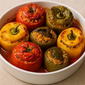Peut inclure: Un plat à four ovale blanc rempli de tomates et de poivrons farcis. Les tomates sont rouges et les poivrons sont jaunes et verts. La garniture est de couleur brun clair et le plat repose dans une sauce rouge.